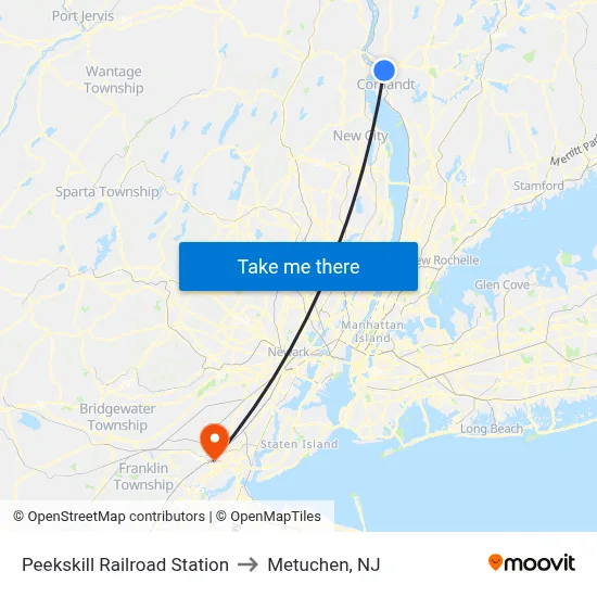 Peekskill Railroad Station to Metuchen, NJ map