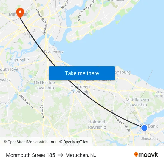 Monmouth Street 185 to Metuchen, NJ map