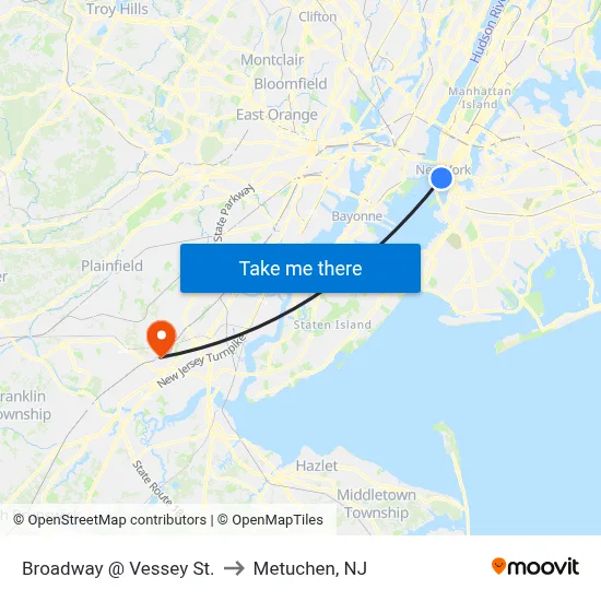 Broadway @ Vessey St. to Metuchen, NJ map