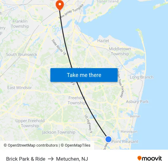 Brick Park & Ride to Metuchen, NJ map