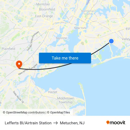 Lefferts Bl/Airtrain Station to Metuchen, NJ map