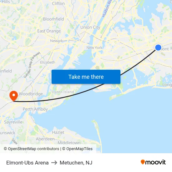 Elmont-Ubs Arena to Metuchen, NJ map