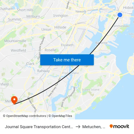 Journal Square Transportation Center to Metuchen, NJ map