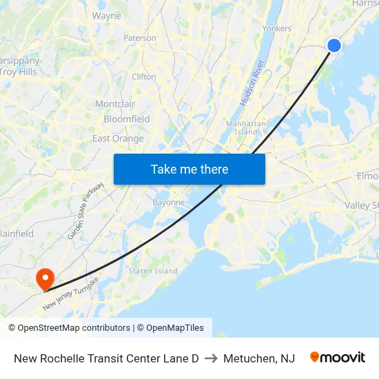 New Rochelle Transit Center Lane D to Metuchen, NJ map