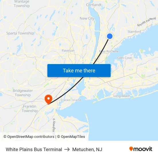 White Plains Bus Terminal to Metuchen, NJ map
