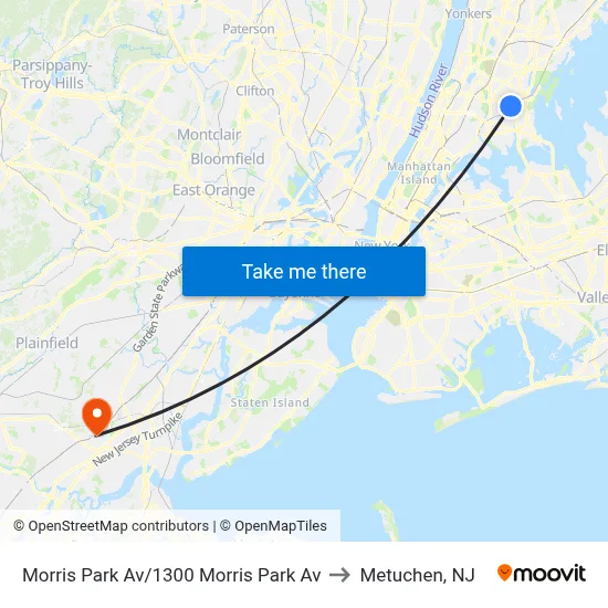 Morris Park Av/1300 Morris Park Av to Metuchen, NJ map