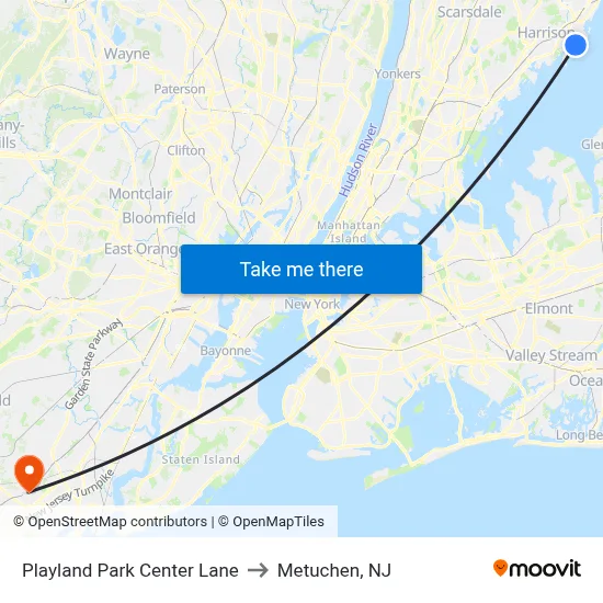 Playland Park Center Lane to Metuchen, NJ map