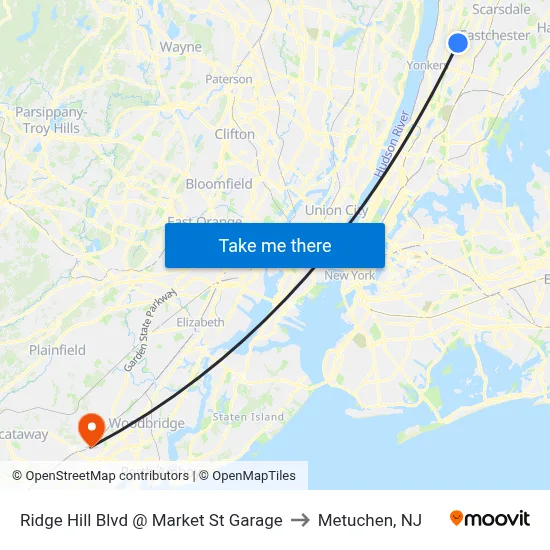Ridge Hill Blvd @ Market St Garage to Metuchen, NJ map