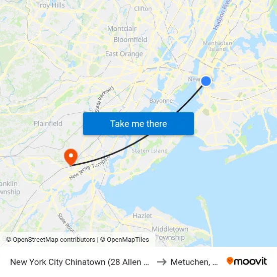 New York City Chinatown (28 Allen St) to Metuchen, NJ map