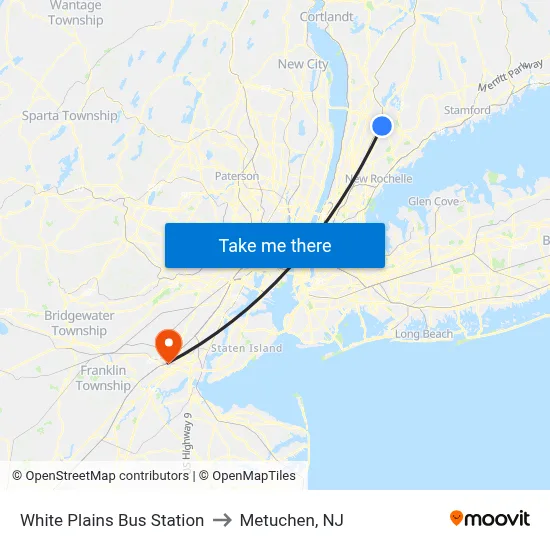 White Plains Bus Station to Metuchen, NJ map
