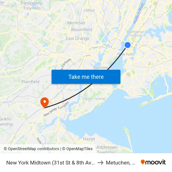 New York Midtown (31st St & 8th Ave) to Metuchen, NJ map