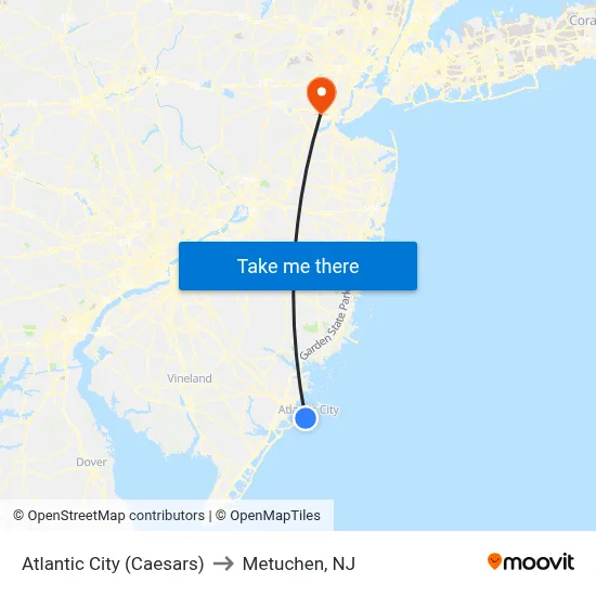 Atlantic City (Caesars) to Metuchen, NJ map