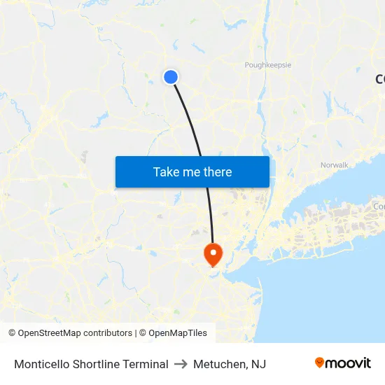 Monticello Shortline Terminal to Metuchen, NJ map