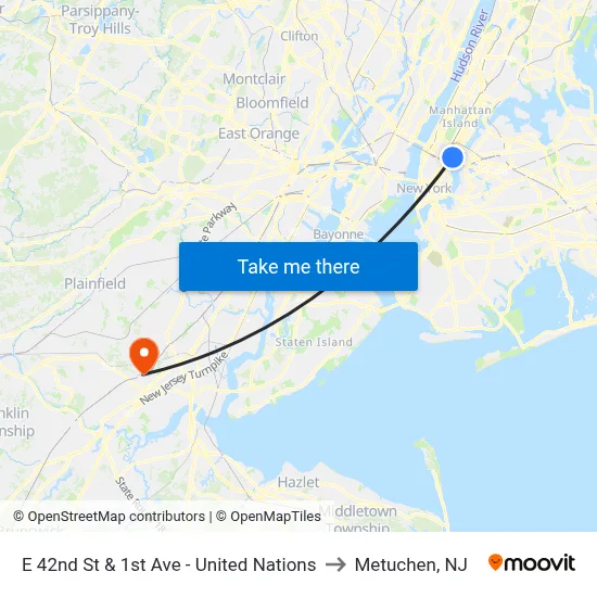 E 42nd St & 1st Ave - United Nations to Metuchen, NJ map
