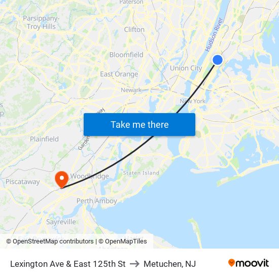 Lexington Ave & East 125th St to Metuchen, NJ map