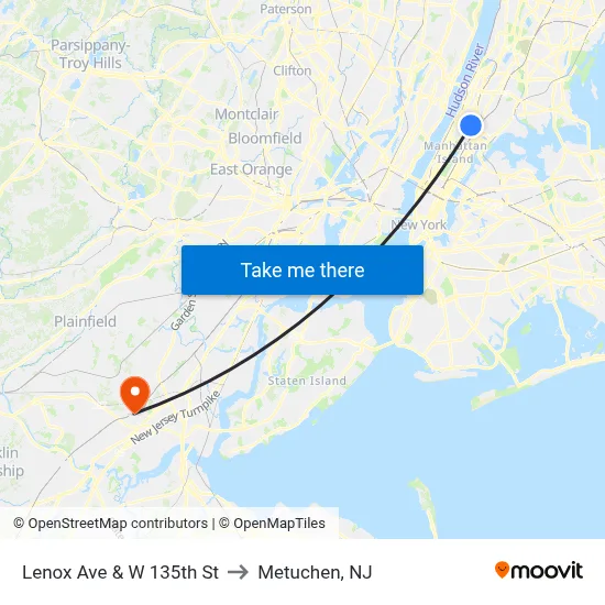 Lenox Ave & W 135th St to Metuchen, NJ map