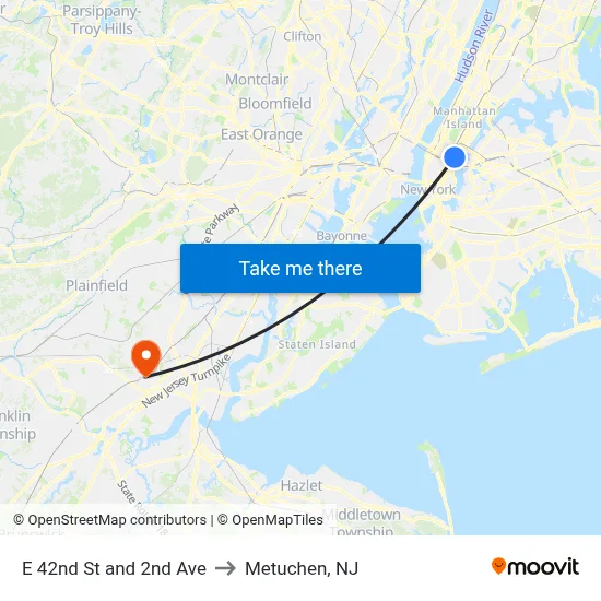 E 42nd St and 2nd Ave to Metuchen, NJ map