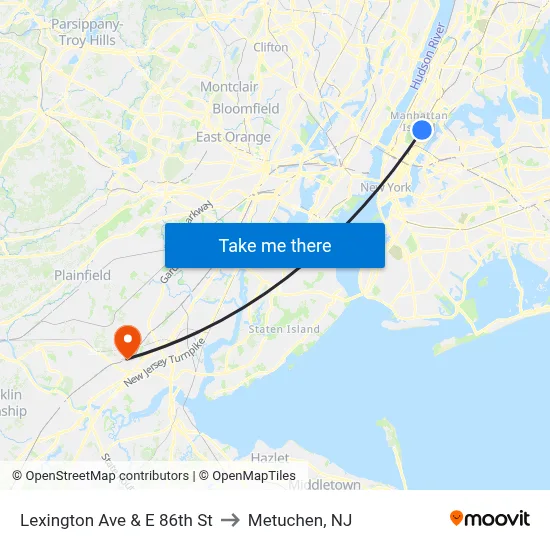 Lexington Ave & E 86th St to Metuchen, NJ map