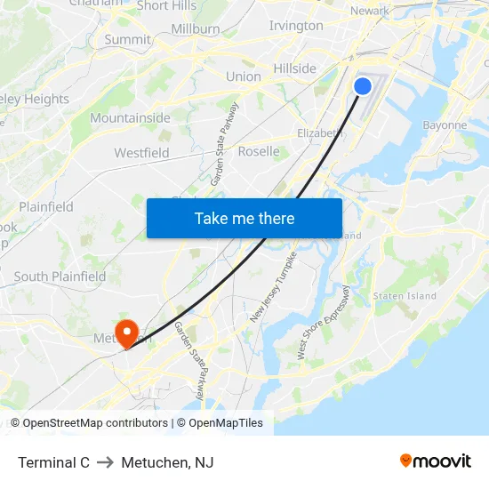 Terminal C to Metuchen, NJ map
