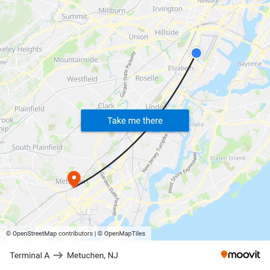 Terminal A to Metuchen, NJ map