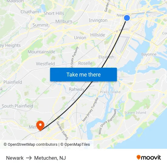 Newark to Metuchen, NJ map