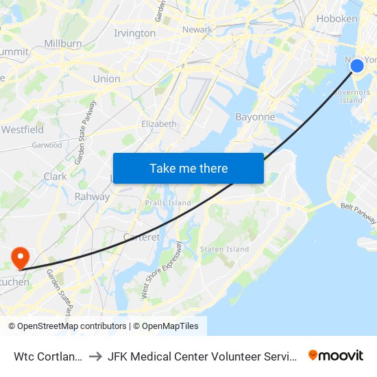 Wtc Cortlandt to JFK Medical Center Volunteer Services map