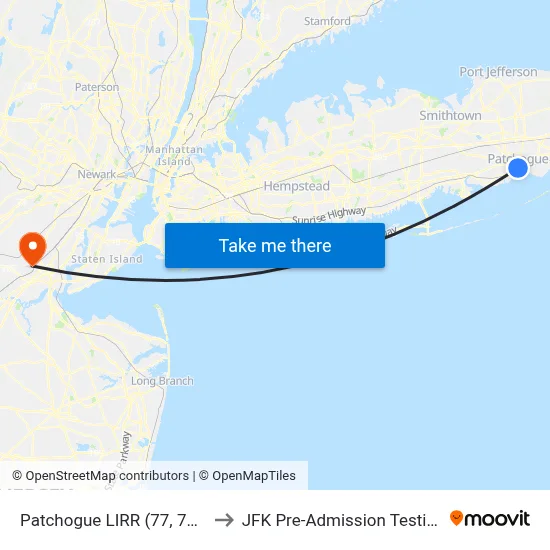 Patchogue LIRR (77, 77y) to JFK Pre-Admission Testing map