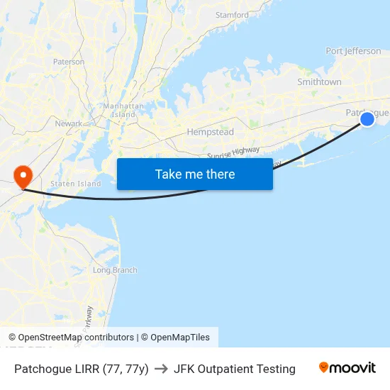 Patchogue LIRR (77, 77y) to JFK Outpatient Testing map