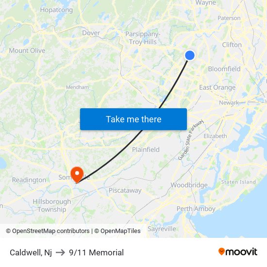 Caldwell, Nj to 9/11 Memorial map