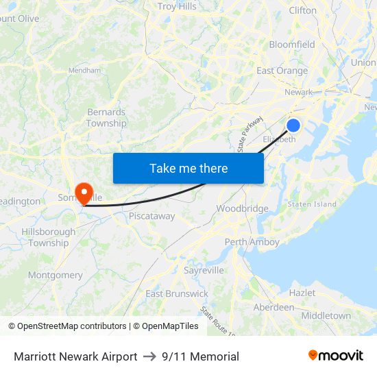 Marriott Newark Airport to 9/11 Memorial map