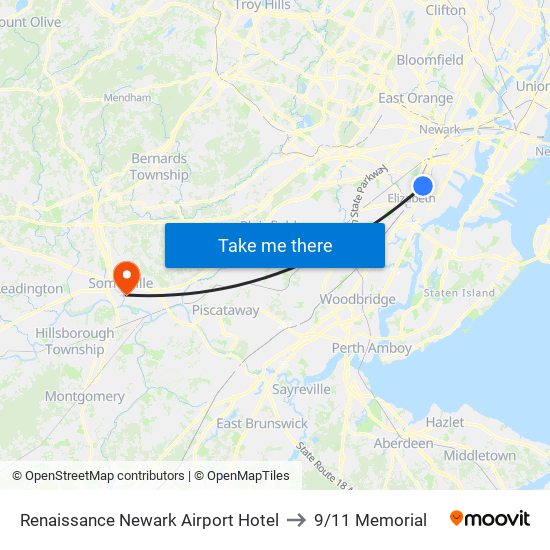 Rennaissance Newark Airport to 9/11 Memorial map