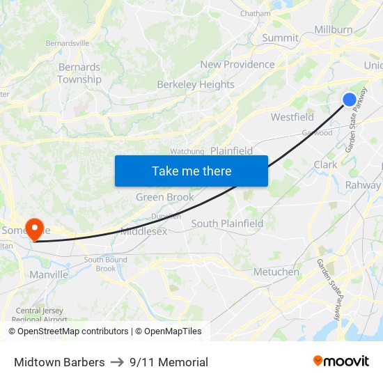 Midtown Barbers to 9/11 Memorial map