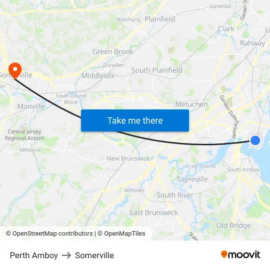 Perth Amboy to Somerville map
