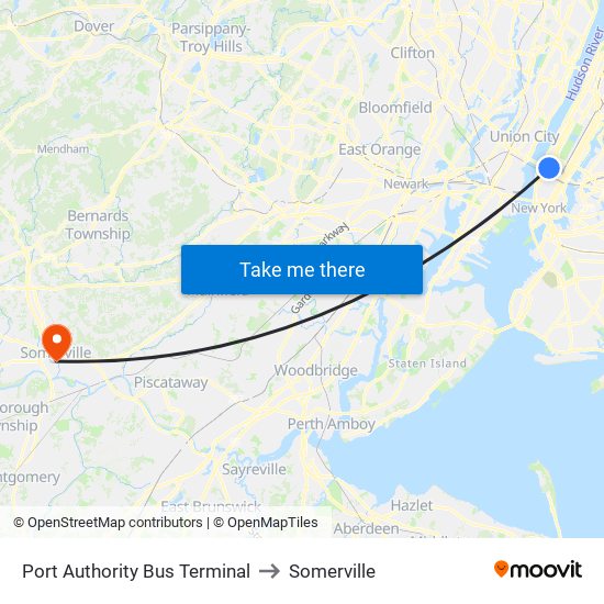 Port Authority Bus Terminal to Somerville map