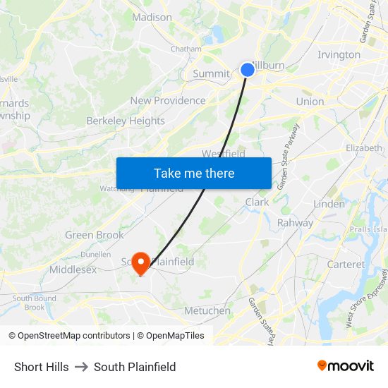 Short Hills to South Plainfield map