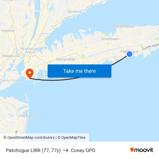 Patchogue LIRR (77, 77y) to Coney OPD map