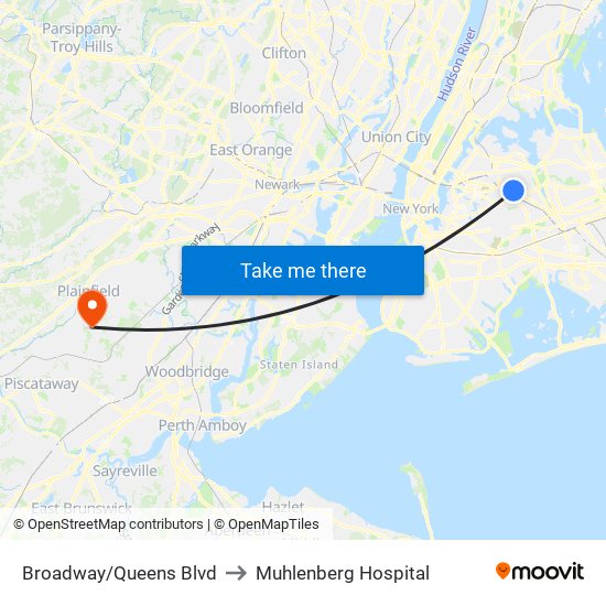 Broadway/Queens Blvd to Muhlenberg Hospital map