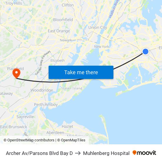 Archer Av/Parsons Blvd Bay D to Muhlenberg Hospital map