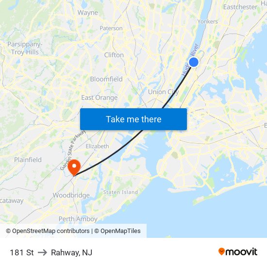 181 St to Rahway, NJ map