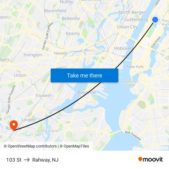 103 St to Rahway, NJ map