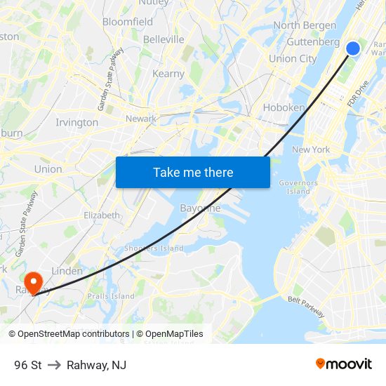 96 St to Rahway, NJ map