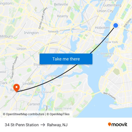 34 St-Penn Station to Rahway, NJ map