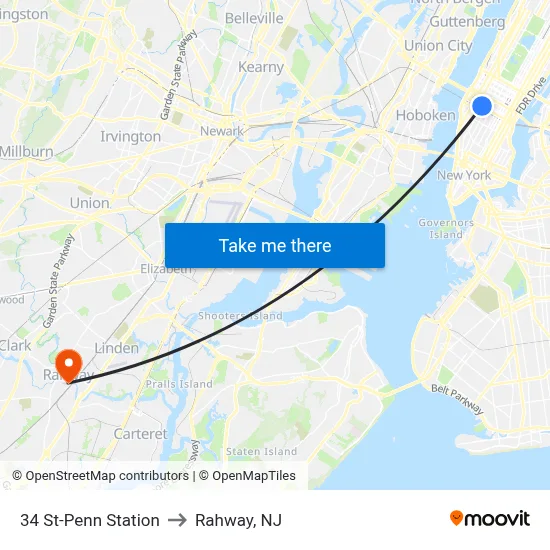 34 St-Penn Station to Rahway, NJ map