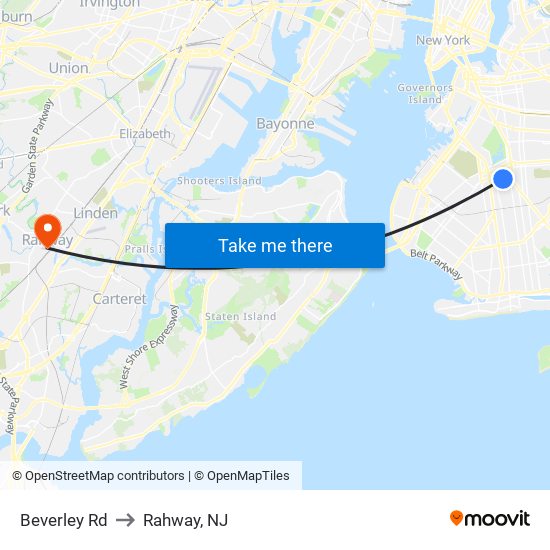 Beverley Rd to Rahway, NJ map