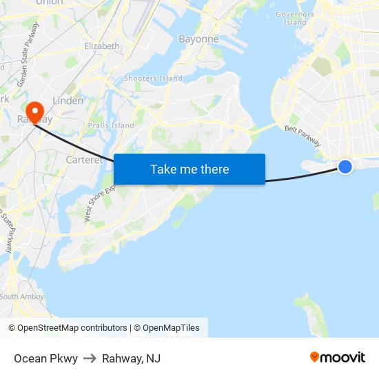 Ocean Pkwy to Rahway, NJ map