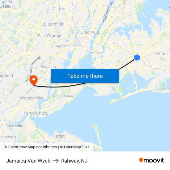 Jamaica-Van Wyck to Rahway, NJ map