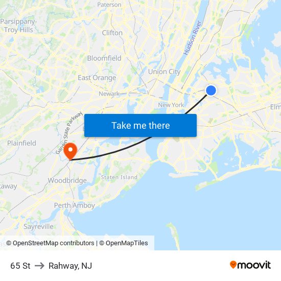 65 St to Rahway, NJ map