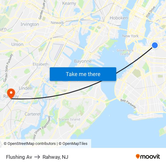 Flushing Av to Rahway, NJ map