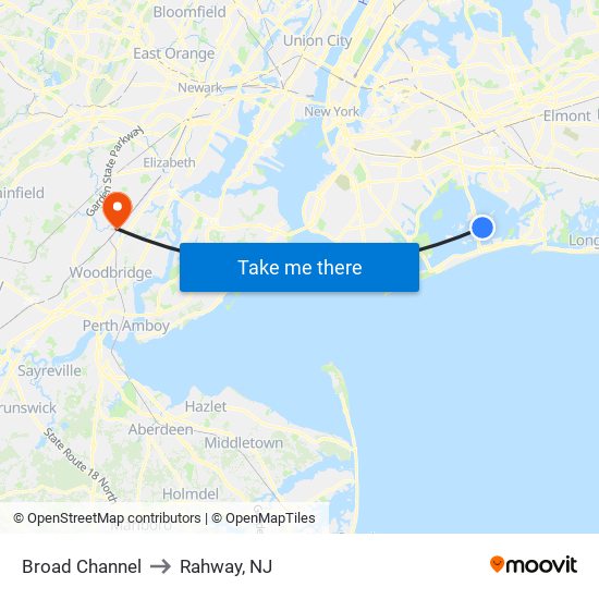 Broad Channel to Rahway, NJ map