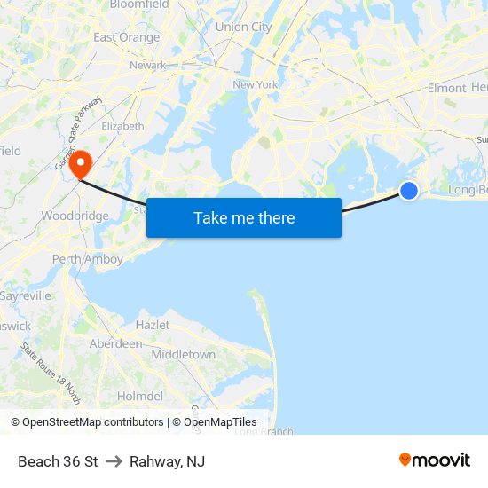 Beach 36 St to Rahway, NJ map